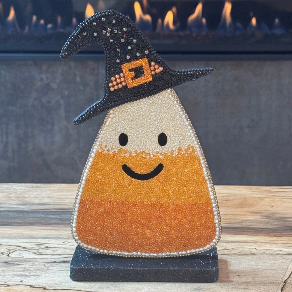 Halloween Beaded Candy Corn Witch Figure Tabletop Decor 9.5" Rare Spooky Glam
